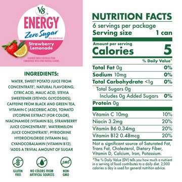 V8 Energy Zero Sugar Strawberry Lemonade 6 pk Cans