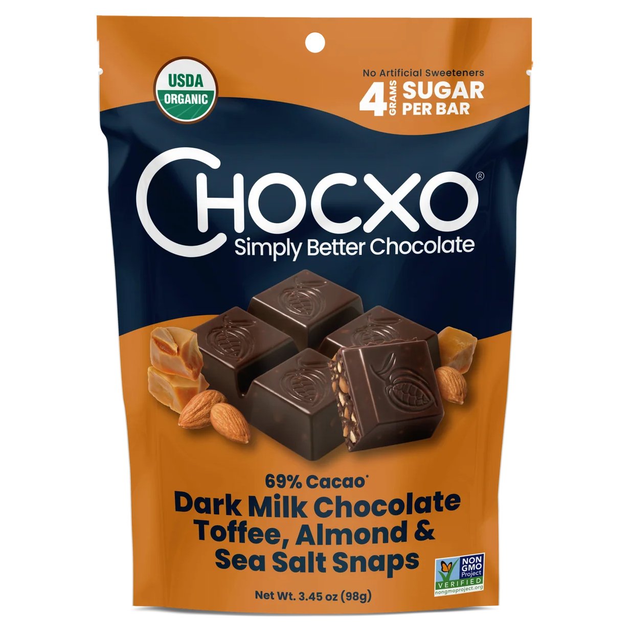 Chocxo 69% Dark Milk Chocolate Toffee, Almond & Sea Salt Snaps, 3.45 oz ...