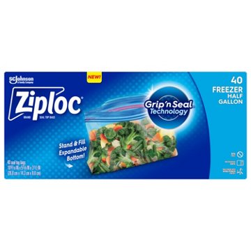 Ziploc Freezer Half Gallon Storage Bags, Grip ’n Seal Technology, 40 ct