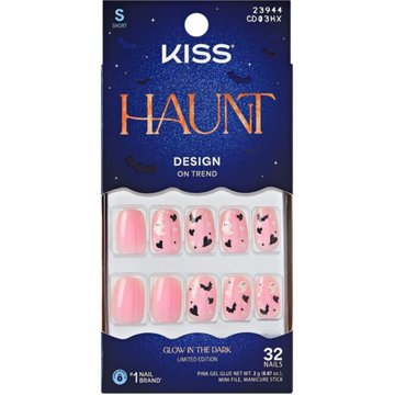 Kiss Halloween Glow in the Dark Short Press on Nails - Pink Glitter Ghosts & Bats