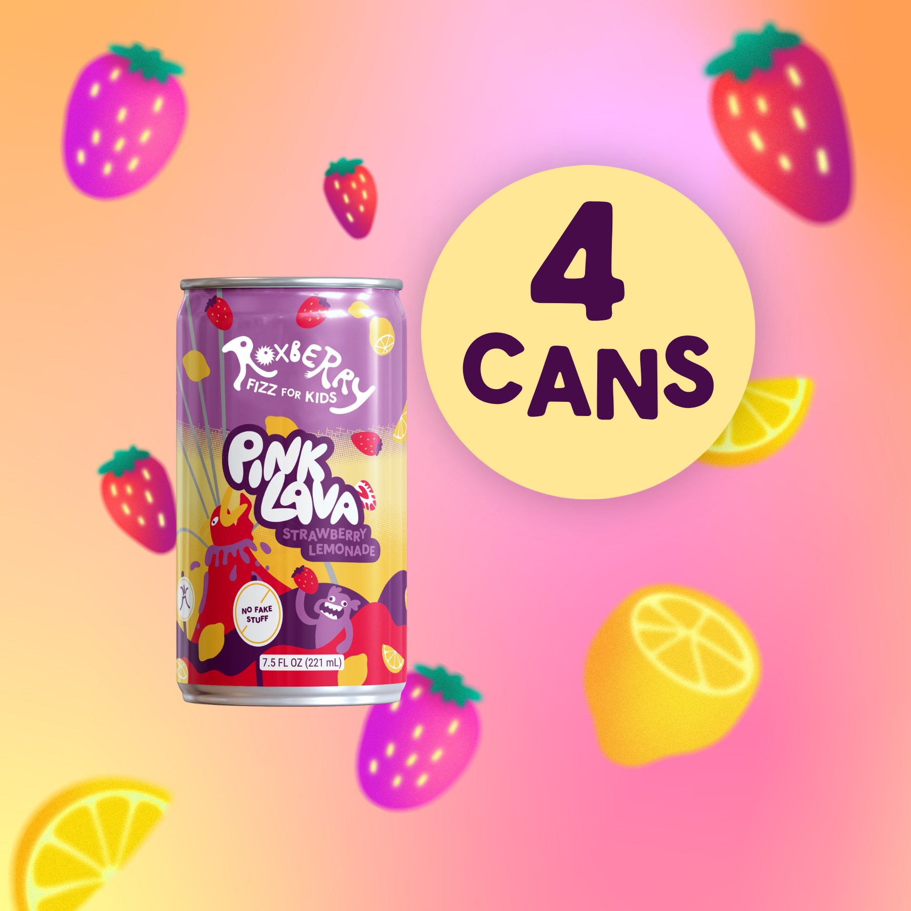Roxberry Kids Soda - Pink Lava Strawberry Lemonade 4 pk Mini Cans