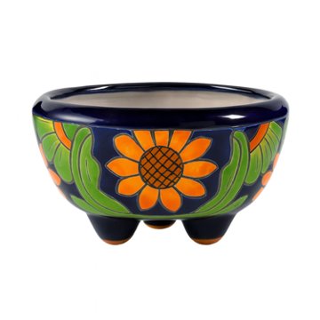 Blue Orange Pottery Molcajete Sunflower Planter, Small