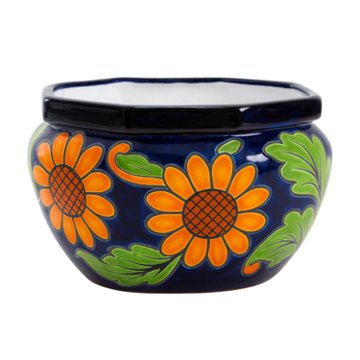 Blue Orange Pottery Octagonal Ball Sunflower Planter