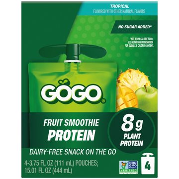 GoGo squeeZ Tropical Fruit Smoothie Protein Pouches, 4 ct