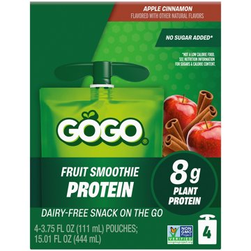 GoGo squeeZ Apple Cinnamon Fruit Smoothie Protein Pouches, 4 ct