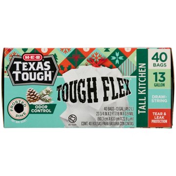 H-E-B Texas Tough Tall Kitchen Flex Trash Bags, 13 Gallon - Frosted Pine, 40 ct