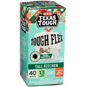 H-E-B Texas Tough Tall Kitchen Flex Trash Bags, 13 Gallon - Frosted Pine, 40 ct