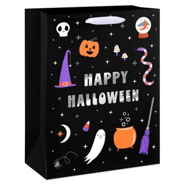 American Greetings Black with Silver 'Happy Halloween' Text & Colorful Halloween Icons Large Halloween Gift Bag