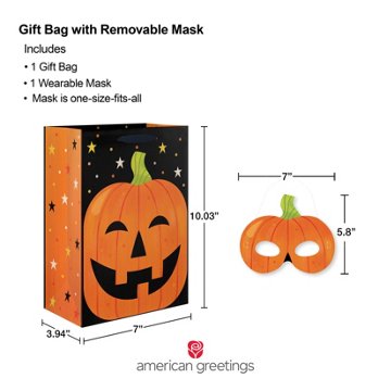 American Greetings Jack-O'-Lantern with Stars with Wearable Pumpkin Facemask Medium Halloween Gift Bag