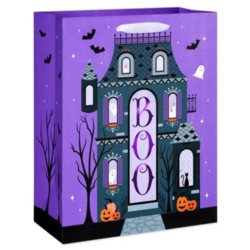 American Greetings Purple Haunted House with Boo, Ghosts & Pumpkins Large Halloween Gift Bag