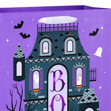 American Greetings Purple Haunted House with Boo, Ghosts & Pumpkins Large Halloween Gift Bag
