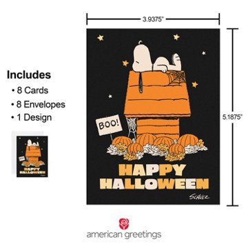 American Greetings Peanuts Snoopy Halloween Card Pack, Snoopy Doghouse Illustration, 8 ct