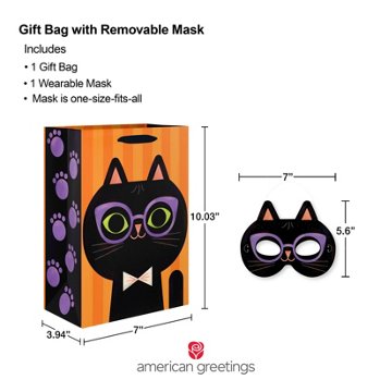 American Greetings Black Cat with Purple Glasses with a Wearable Back Cat Face Mask Medium Halloween Gift Bag
