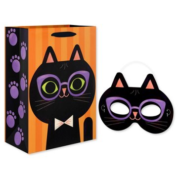 American Greetings Black Cat with Purple Glasses with a Wearable Back Cat Face Mask Medium Halloween Gift Bag