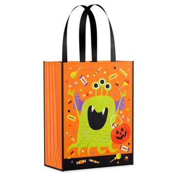 American Greetings Halloween Reusable Trick or Treat Tote Bag, Green Three-Eyed Monster with Candy
