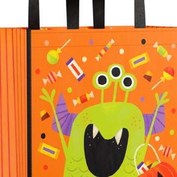 American Greetings Halloween Reusable Trick or Treat Tote Bag, Green Three-Eyed Monster with Candy