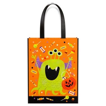 American Greetings Halloween Reusable Trick or Treat Tote Bag, Green Three-Eyed Monster with Candy