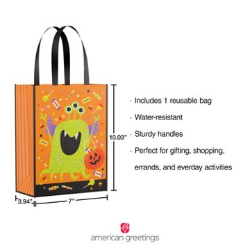 American Greetings Halloween Reusable Trick or Treat Tote Bag, Green Three-Eyed Monster with Candy