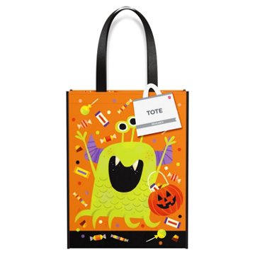 American Greetings Halloween Reusable Trick or Treat Tote Bag, Green Three-Eyed Monster with Candy