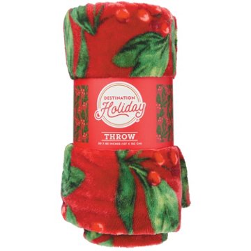 Destination Holiday Plush Christmas Throw Blanket - Holly & Berries, 50" x 60"