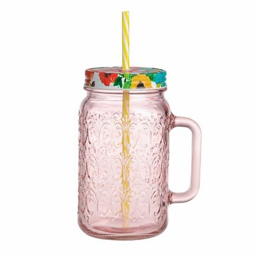 Housewares International Pink Mason Jar Glass Tumbler with Straw