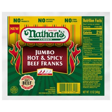 Nathan's Famous Jumbo Beef Franks -  Hot & Spicy, 12 oz