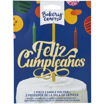 Bakery Crafts FELIZ CUMPLEANOS Candle Holder Gold Cake Topper, 1 ct