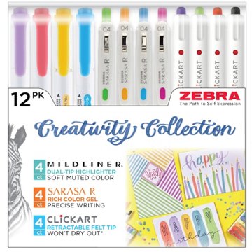 Zebra Creativity Collection Highlighters, Pens & Markers Set, 12 ct