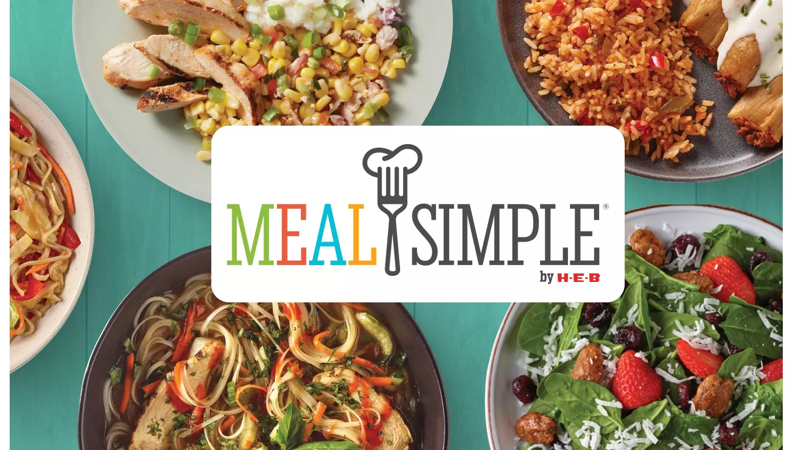 Various Meal Simple meals on plates with the Meal Simple® by H‑E‑B logo