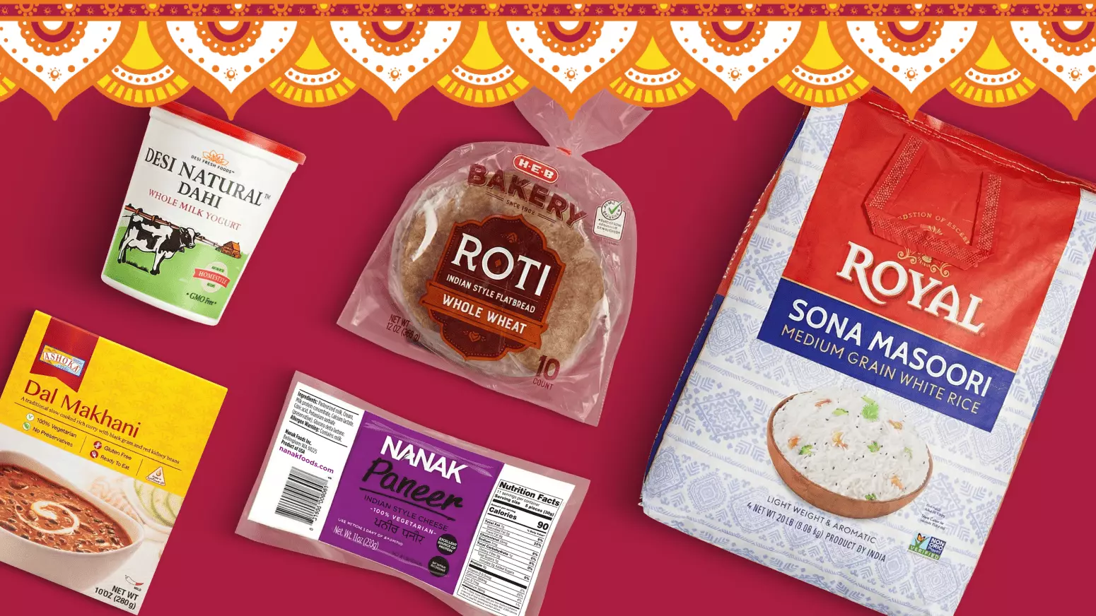 Indian grocery products including Royal Sona Masoori rice, whole wheat roti, paneer, dal makhani, and desi natural dahi on a red background with traditional Indian decorative border.