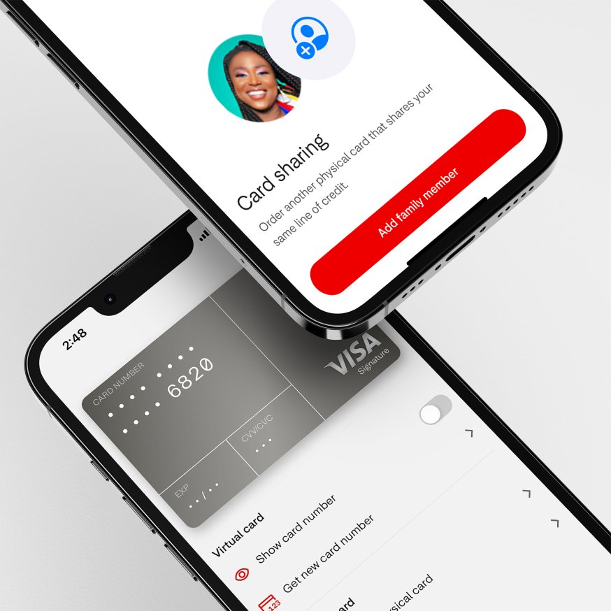 Two phone screens showing a virtual credit card and options for card sharing 