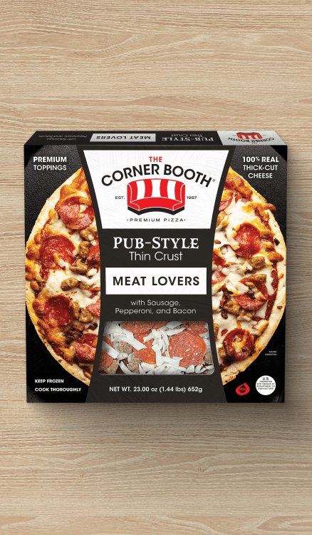 Advertisement for Dutch Farms Corner Booth Pizza. Click to product page.