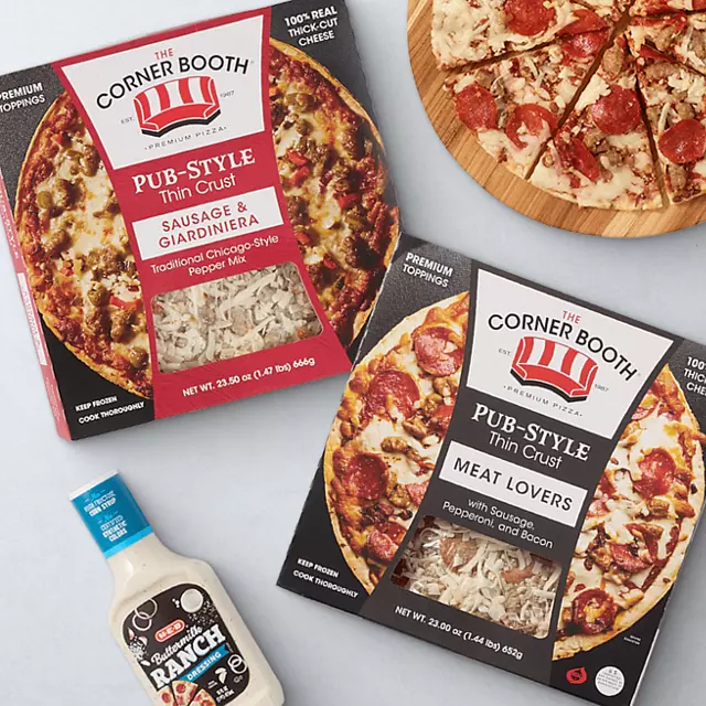 Corner booth pub-style thin crust, buttermilk ranch