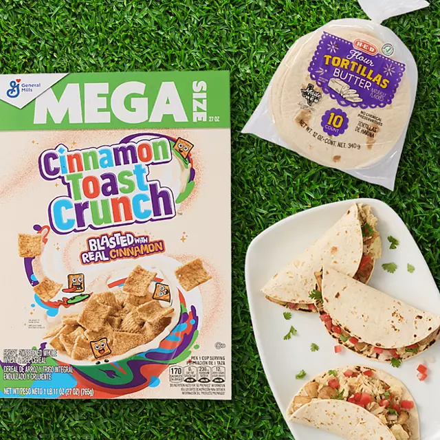 Cinnamon toast crunch cereal, tortillas, tacos