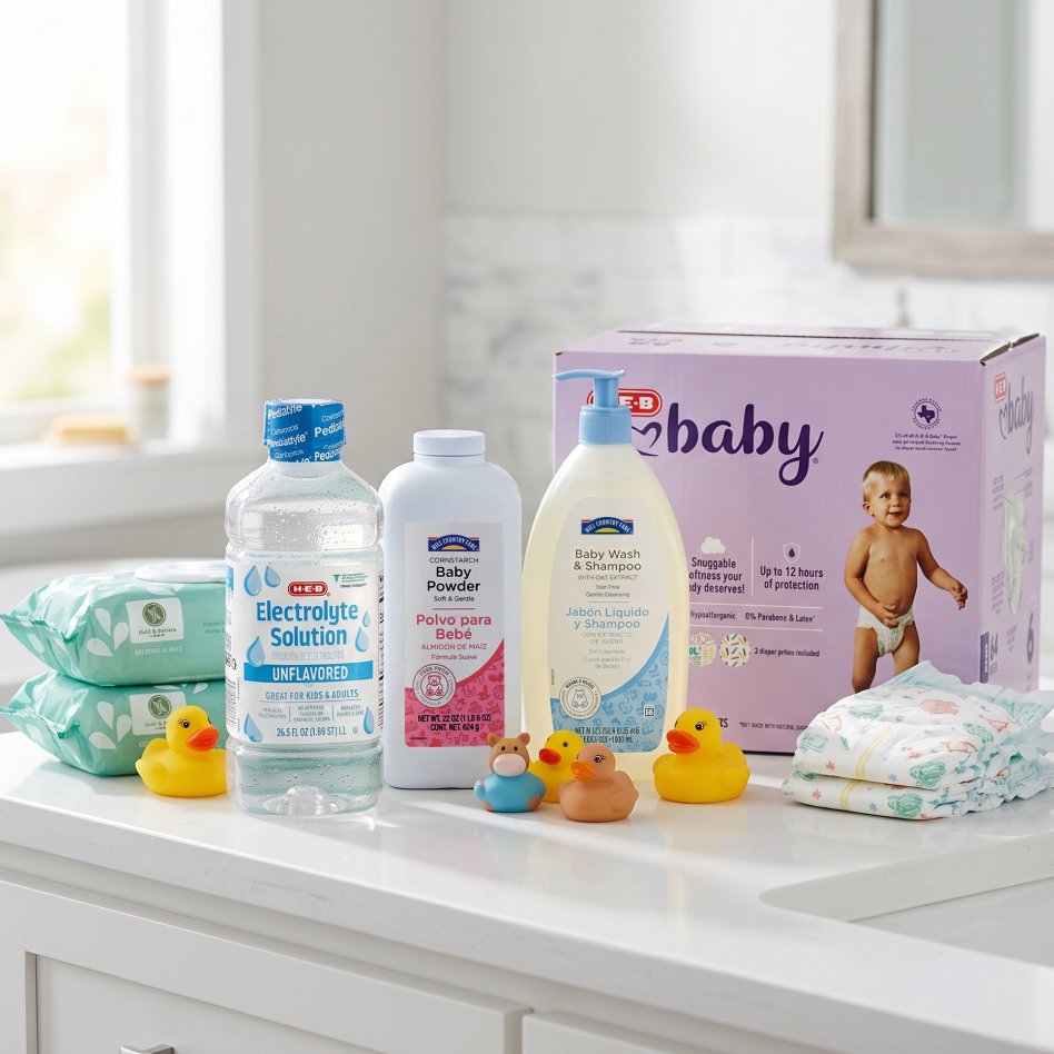 H‑E‑B baby products displayed on a wooden surface, including H‑E‑B baby wipes, H‑E‑B diapers, H‑E‑B baby formula, and H‑E‑B baby snacks.