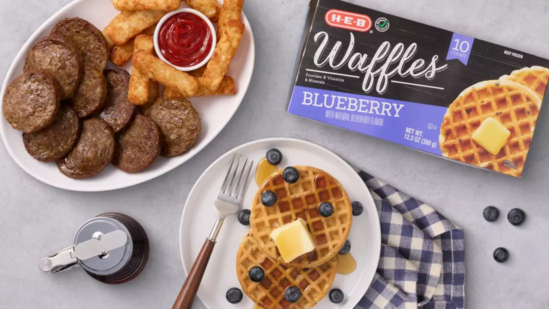 Waffles, sausage patties, syrup