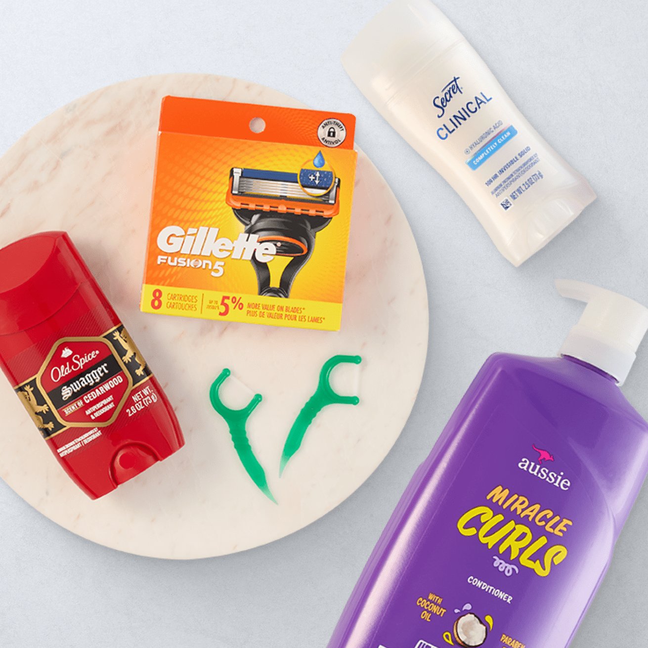 Old spice deodorant, gillette fusion 5 blade, miracle curls conditioner