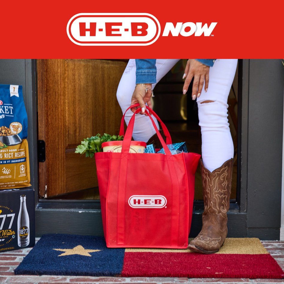 H‑E‑B bag filled with groceries, on a front door step