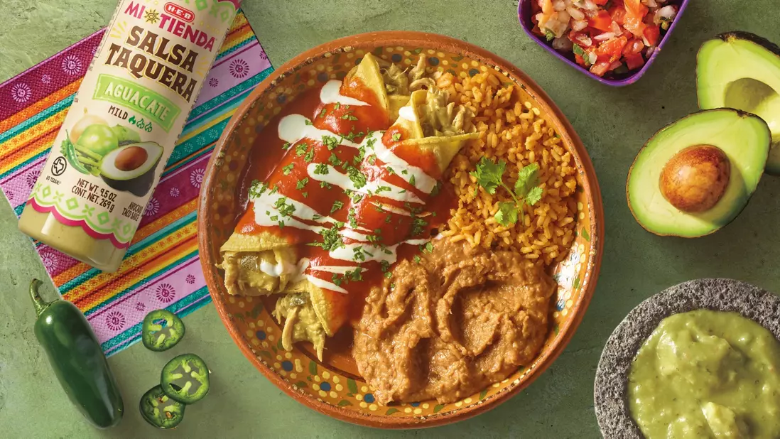 Mi Tienda mild salsa, enchiladas, beans, rice, avocado
