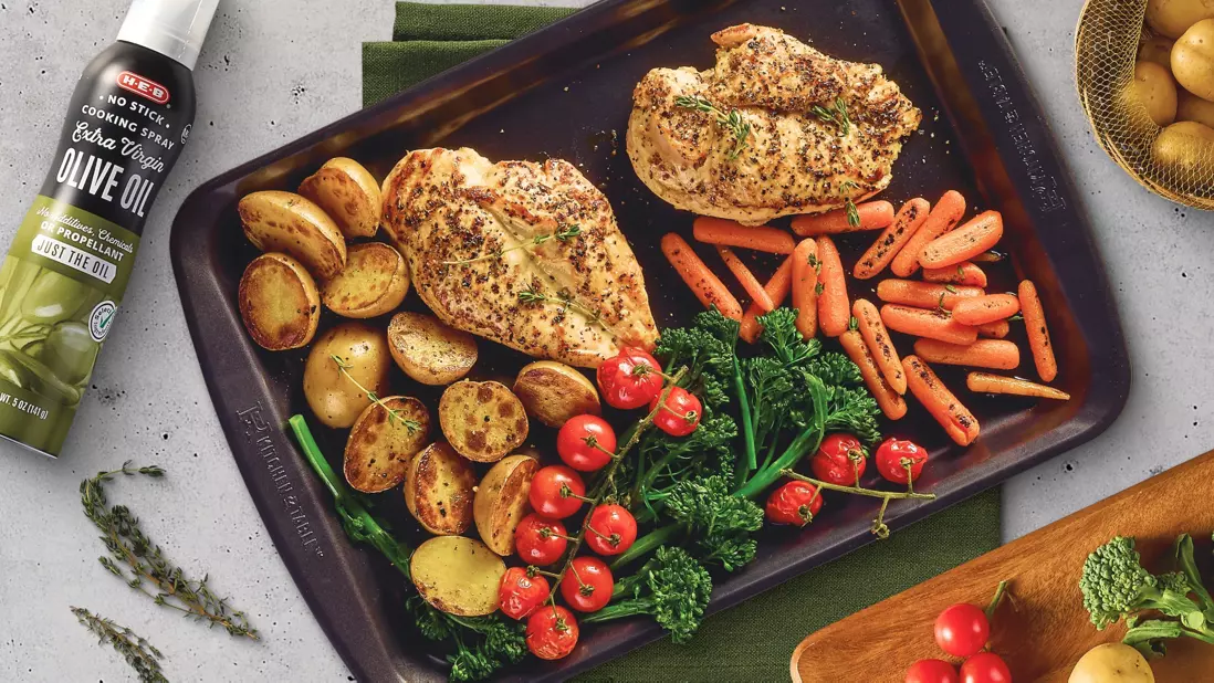 Chicken, potatoes, olive oil, tomatoes, broccoli, carrots