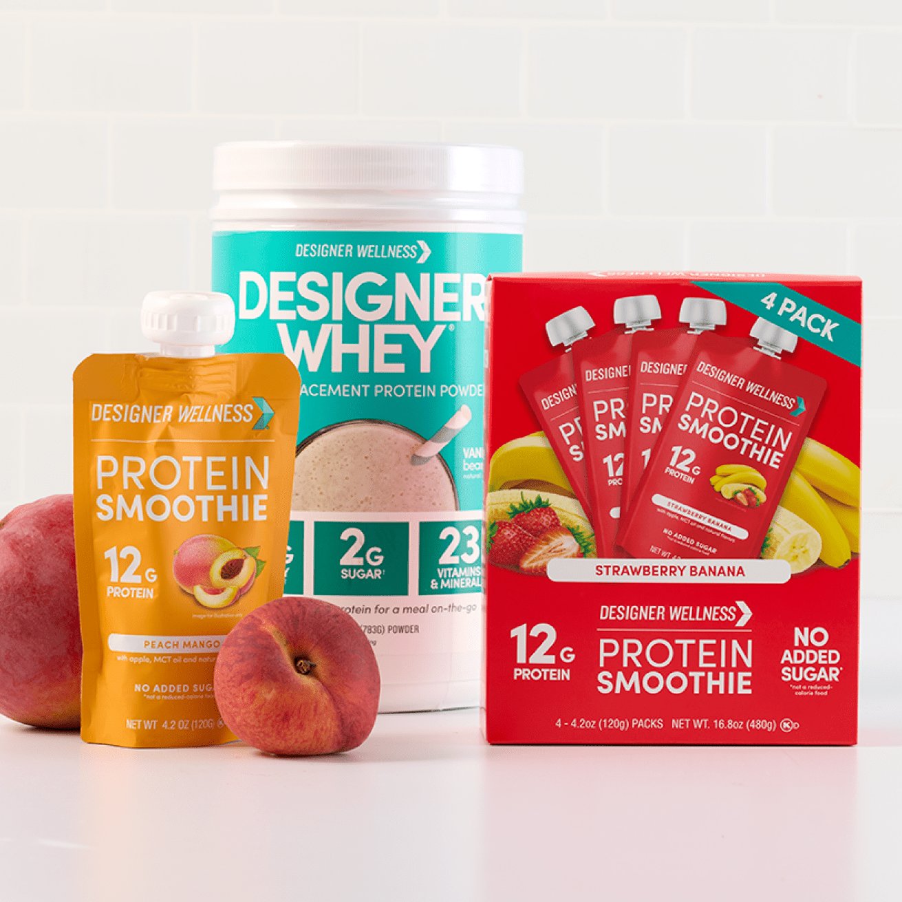 Designer wellness products (protein smoothie, designer whey, 4pk protein smoothies