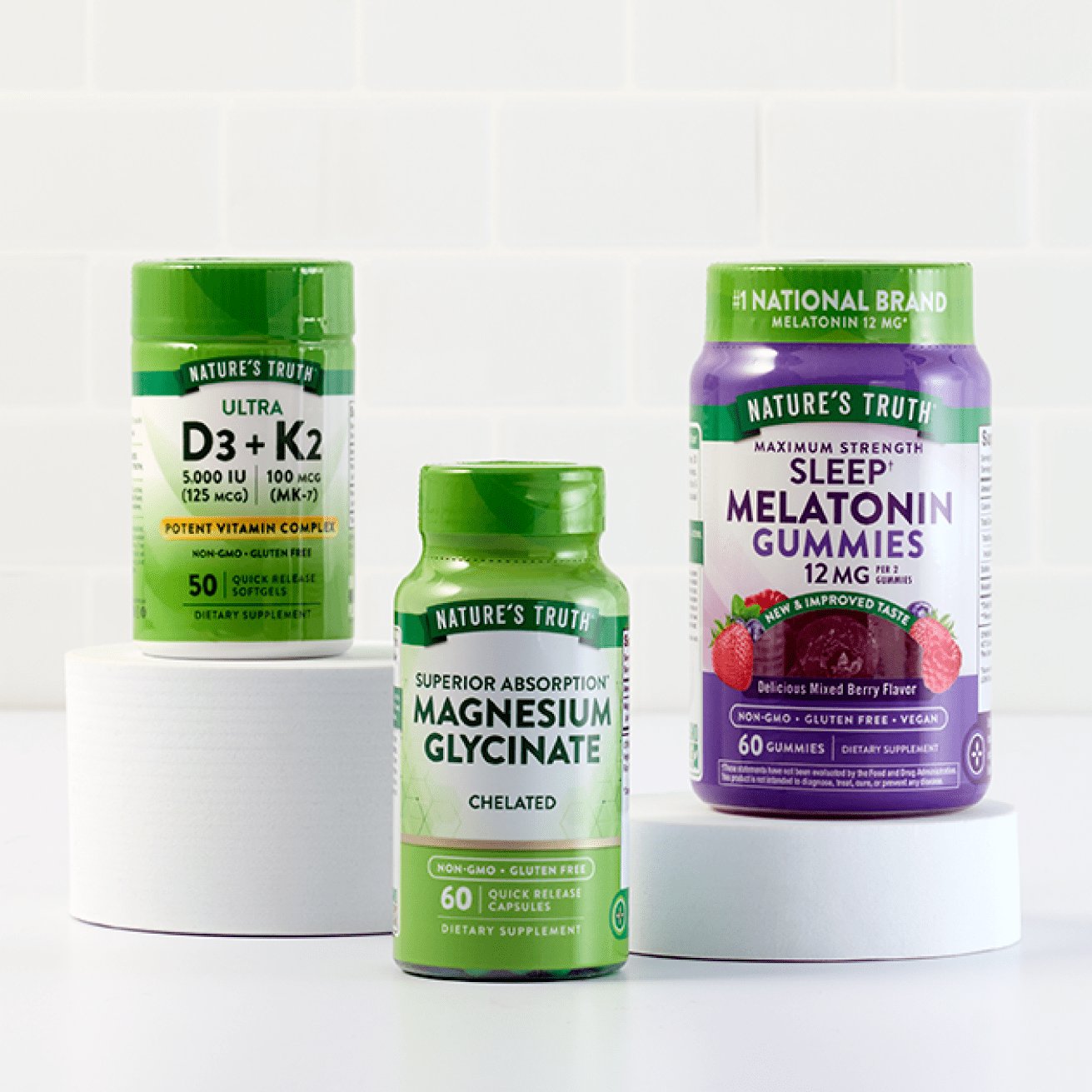 Melatonin gummies, magnesium glycinate, D3 + K2 vitamins