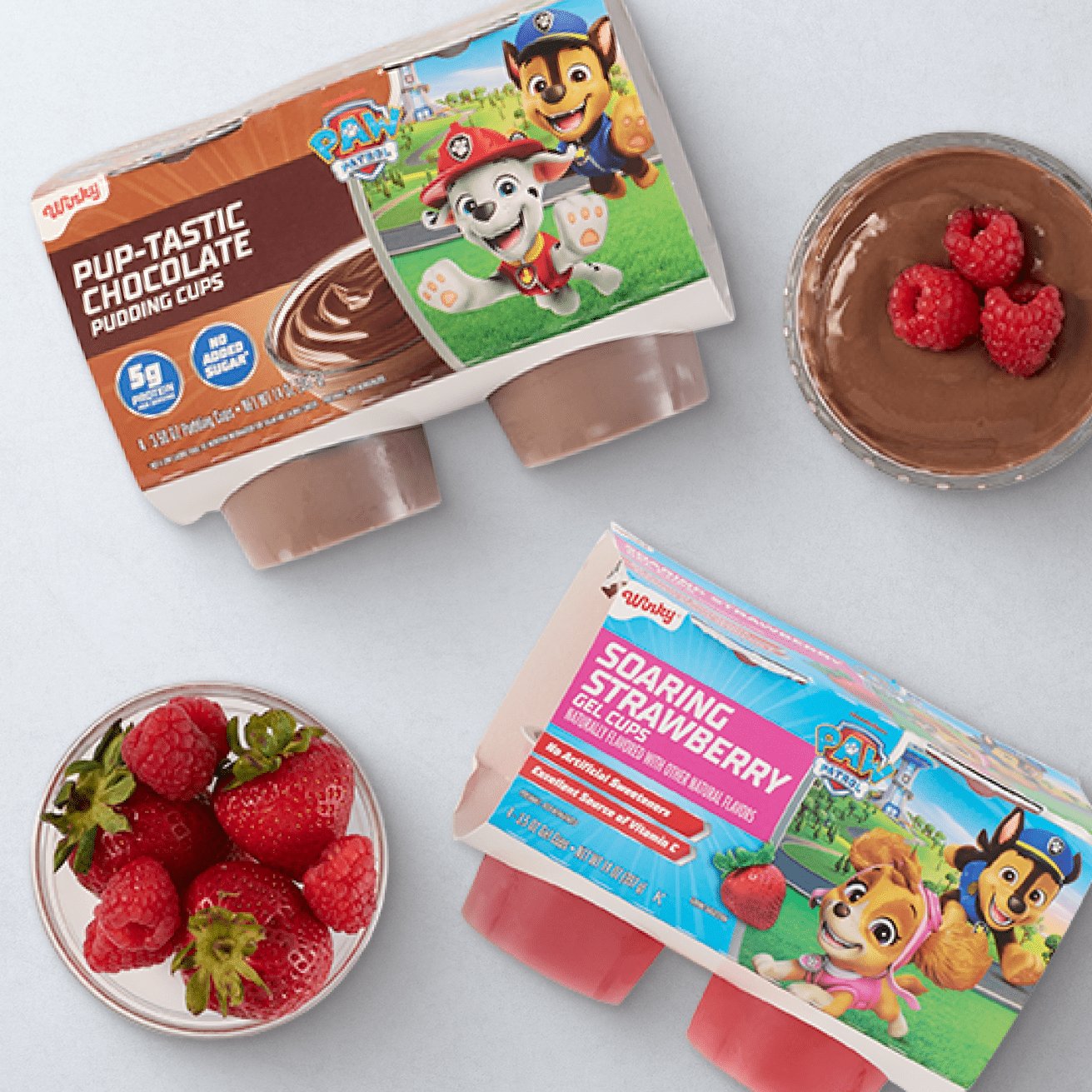Strawberries, strawberry gel cups, chocolate pudding cups