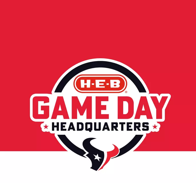 H‑E‑B Game Day Headquarters graphic featuring the Houston Texans logo on a red background.