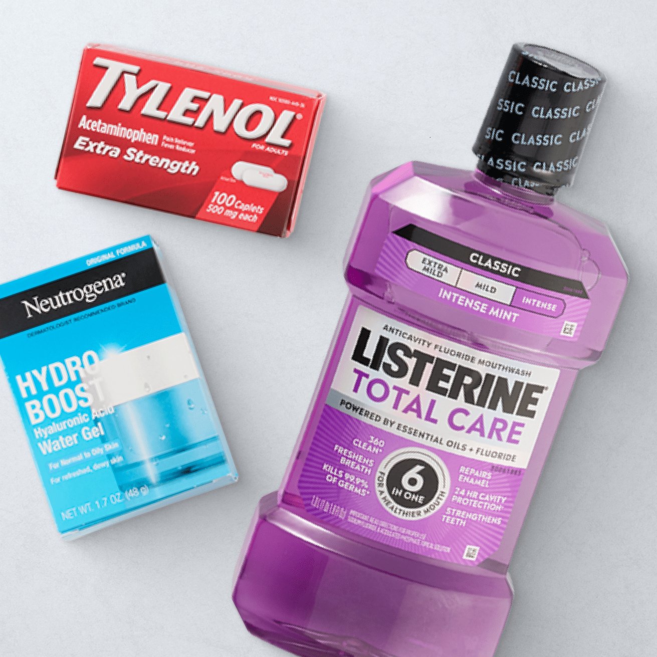 Listerine, tylenol, hydro boost container