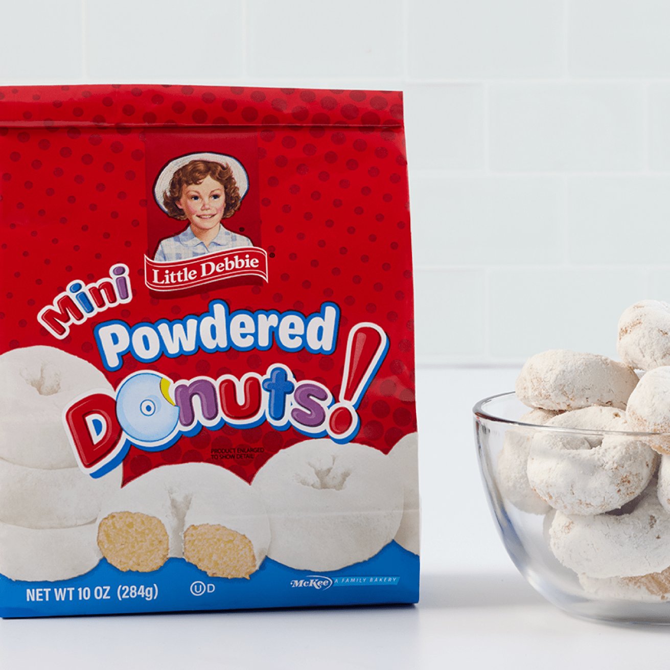 Advertisement for Little Debbies Bagged Mini Donuts Sep 2026. Click for product page.