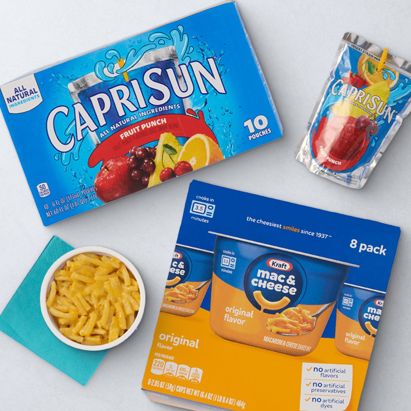 Caprisun, kraft mac n cheese cups