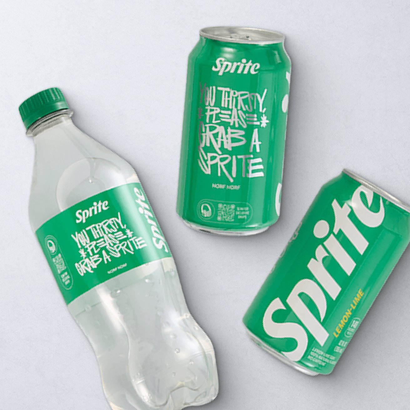 Sprite bottle and cans