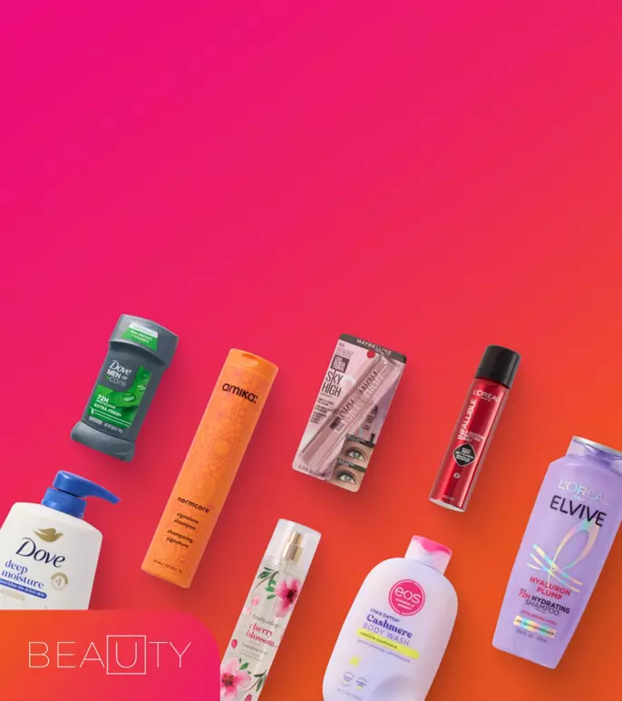 Beauty products on display with a 25% off discount from Sept 9th to Sept 15th on a vibrant pink background. Brands include Dove, EOS, and more.