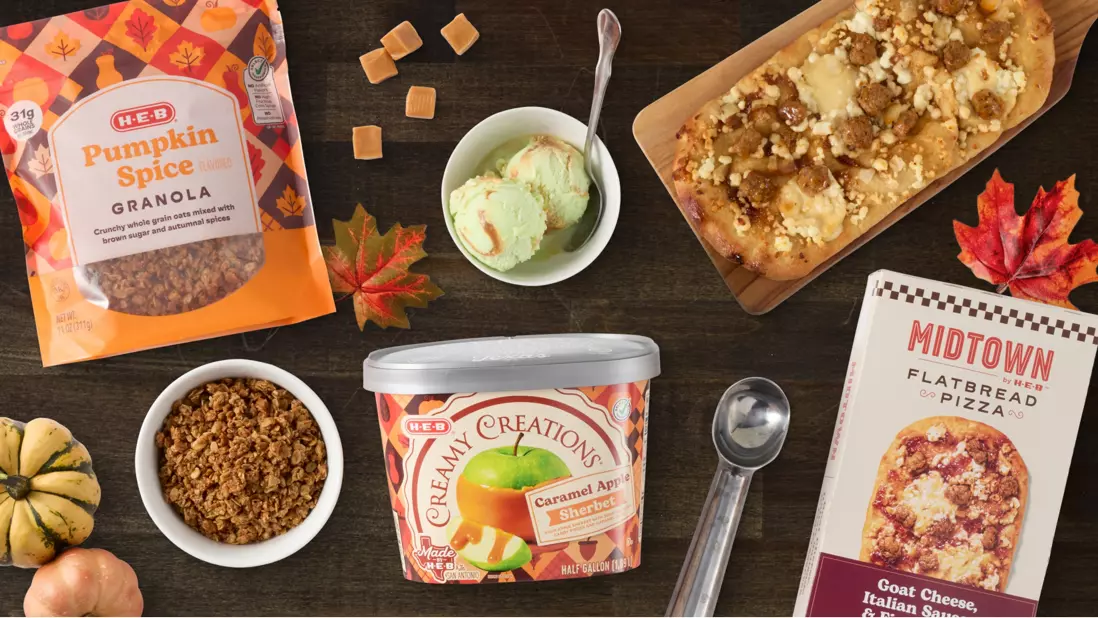 Fall products: H‑E‑B pumpkin spiced granola, Creamy Creations ice cream, Midtown Flatbread Pizza